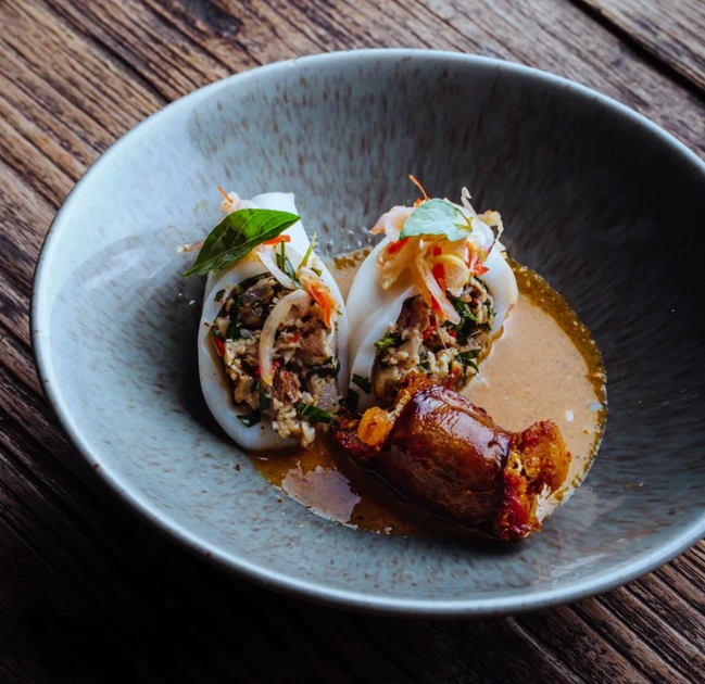 Two stuffed squid with a caramelised pork belly in broth at Seed in Bingin
